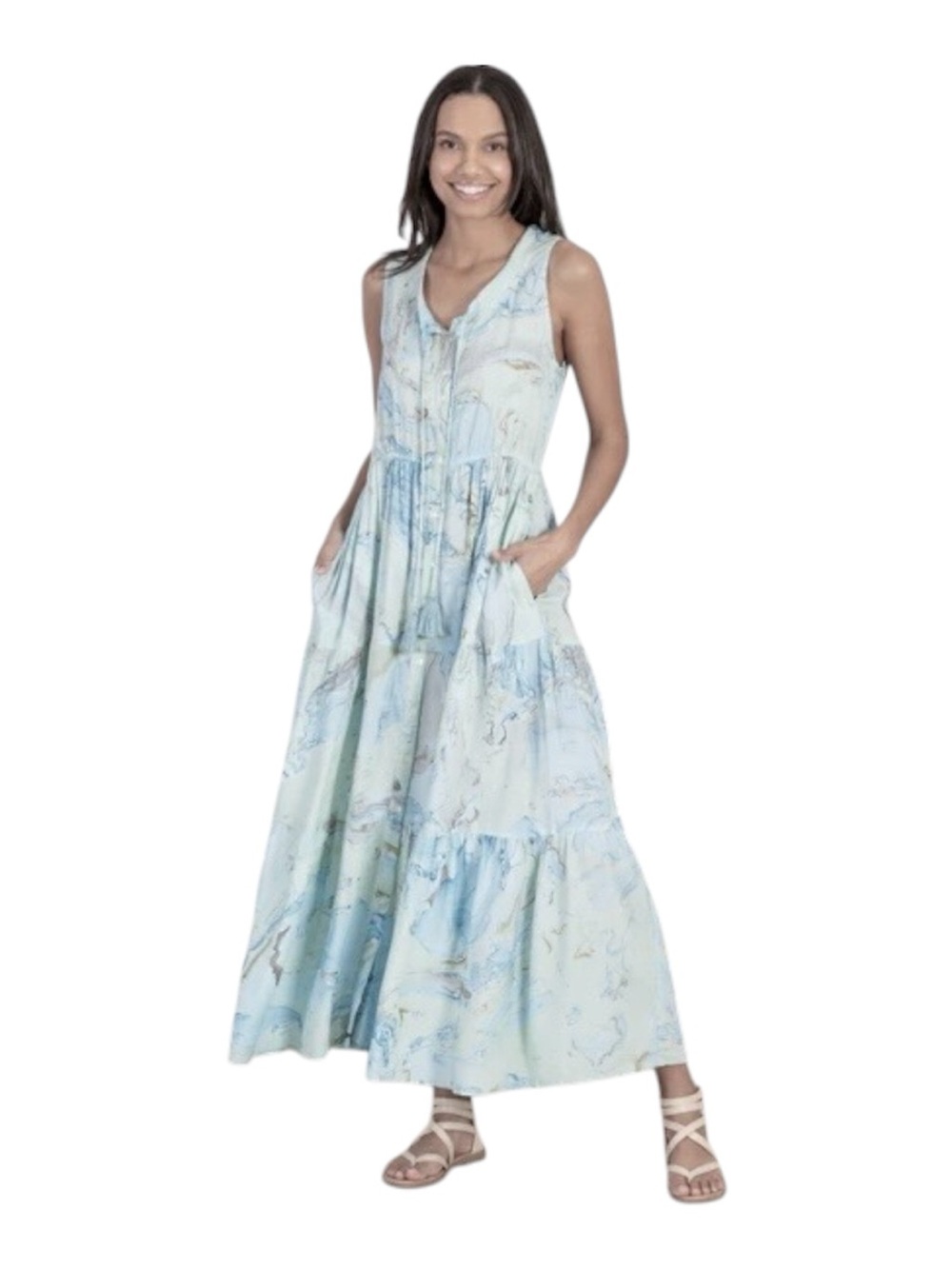 Greater Good Sleeveless Marble-Print Maxi Dress in Pastel Blue XL